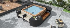 Spa Surround Spa Frame Quadrilateral Outdoor Rattan Sectional Sofa Set with Mini Sofa,Wooden Seats and Storage Spaces, Beige