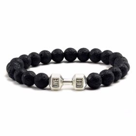 Natural Volcanic Stone Beads Bracelets Black Lava Men Women Bracelet Aromatherapy Essential Oil Diffuser Bangle (Purity: 21cm, Color: Volcanic Rock Silver Dumbbell)