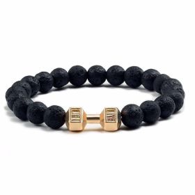 Natural Volcanic Stone Beads Bracelets Black Lava Men Women Bracelet Aromatherapy Essential Oil Diffuser Bangle (Purity: 19cm, Color: Volcanic Rock Golden Dumbbell)