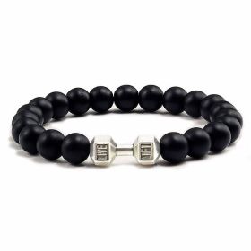 Natural Volcanic Stone Beads Bracelets Black Lava Men Women Bracelet Aromatherapy Essential Oil Diffuser Bangle (Purity: 17cm, Color: Black Matte Silver Dumbbell)